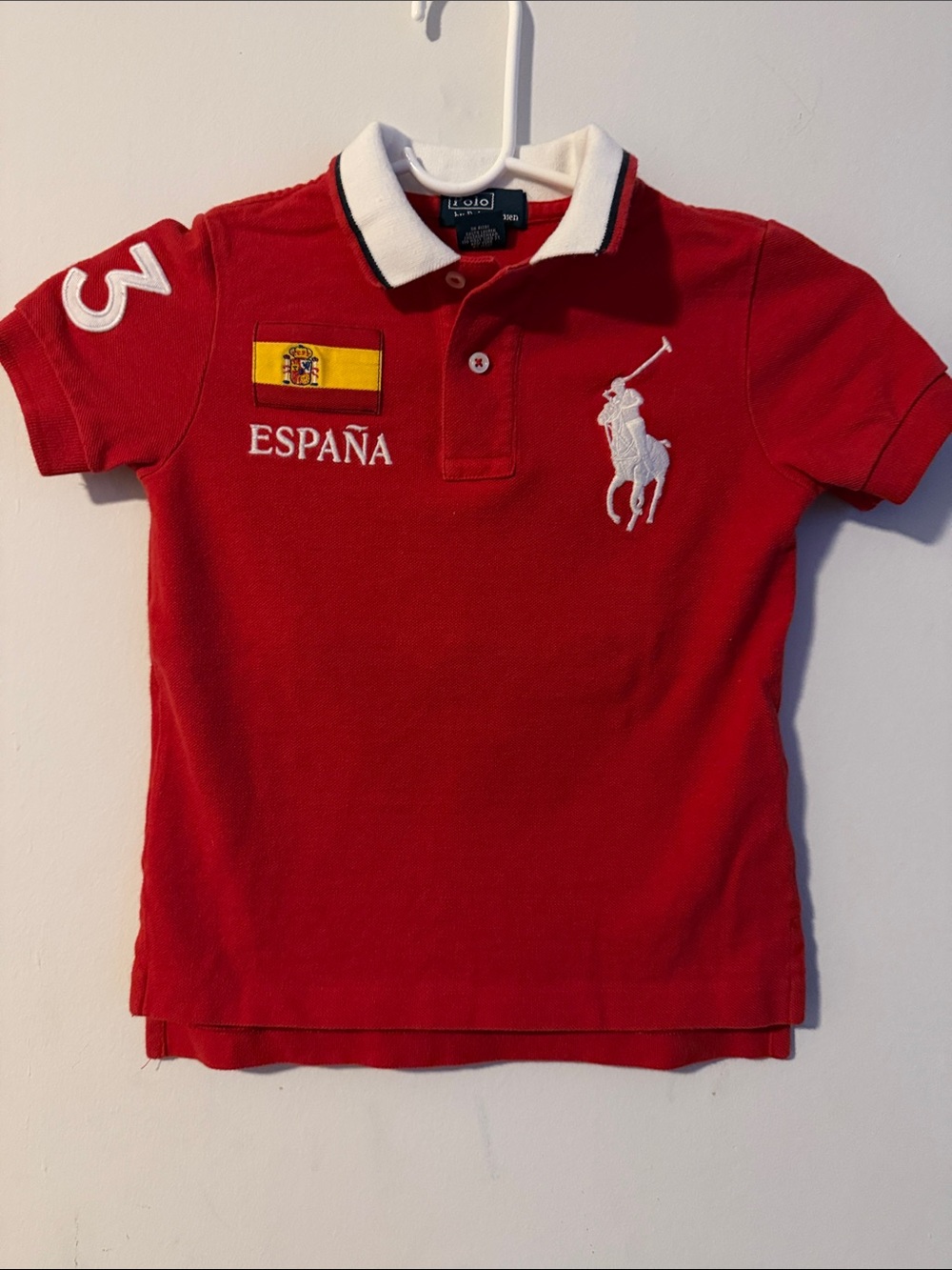 Polo by Ralph Lauren Red Kids Polo with White Contrast Collar and España Patch